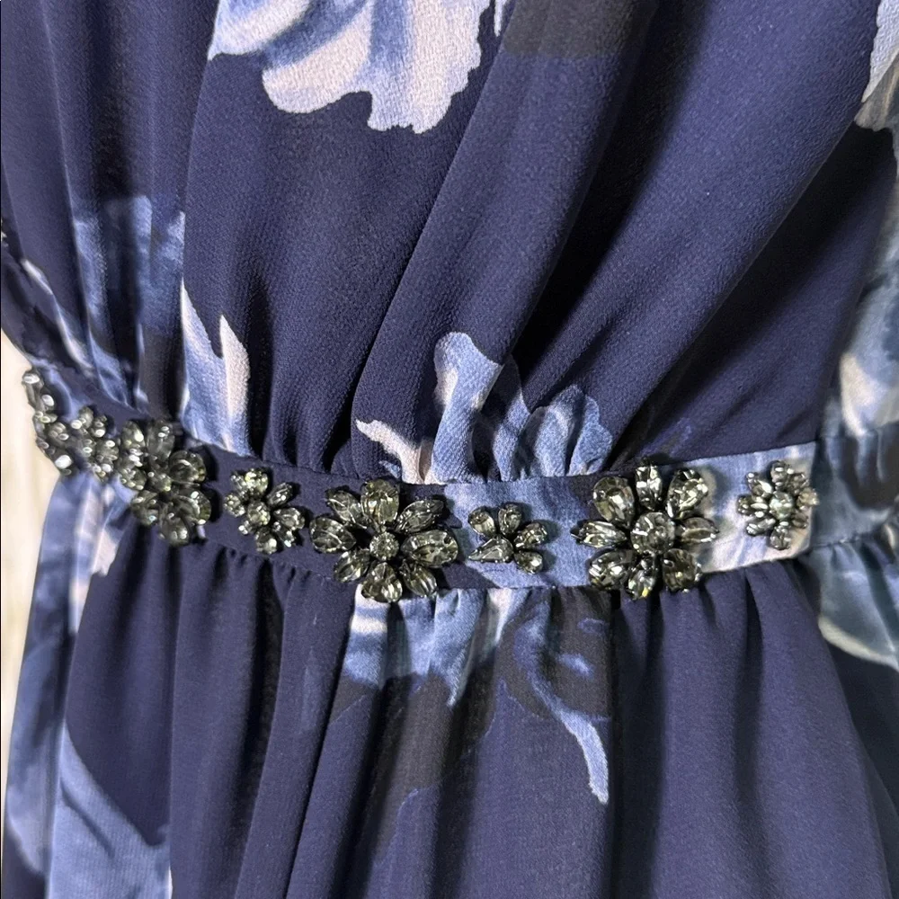 Kate Spade Navy and Light Blue Floral Chiffon Embellished Midi Length Dress XS